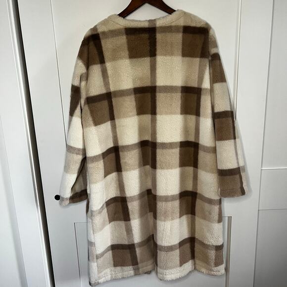 Polagram Faux Fur Brown Plaid Long Jacker Long Kimono Soft Cozy Plus Size 1XL - Picture 3 of 11